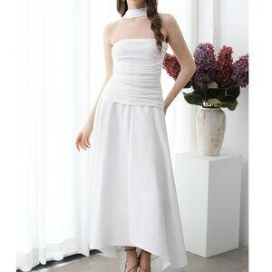 Chicwish - Halter Neck Ruched Asymmetric Maxi Dress - White - Small